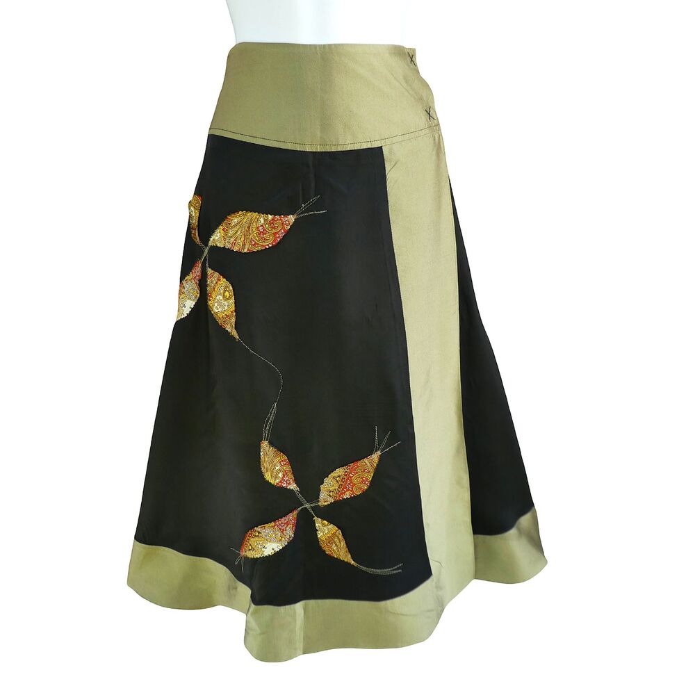 SiLK Vintage Harari Asian Inspired Black Faux Wrap Skirt Metallic Green Patchwor